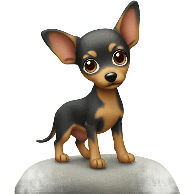 miniature pincher girl dog standing on a mini island ￼ emoji