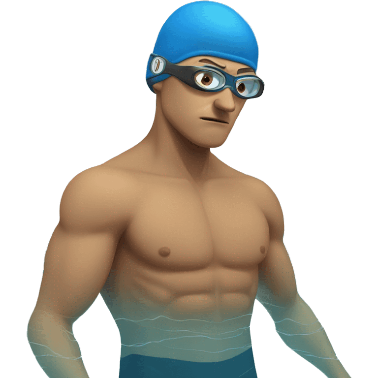 Swimmer in bad mood and very tired. Swimmer is in the swimming pool. He has swimming cap and swimming goggles. His face should show his bad mood emoji