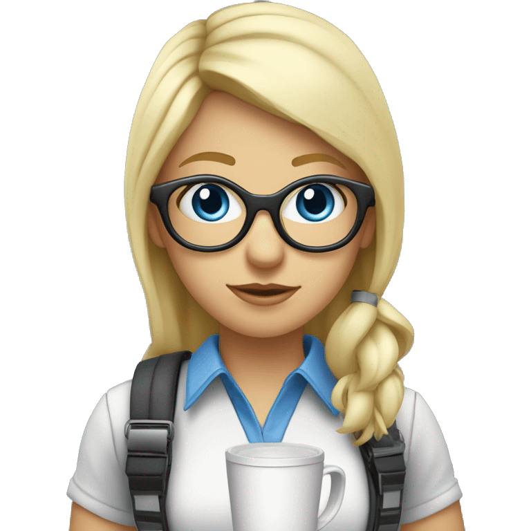 Blue eyed Blond girl with glasses drinking coffee wearing a harness and steel toe boots emoji