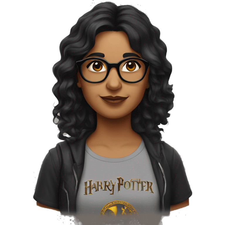 indian woman with dark wavy hair, sunglasses on her head and a harry potter tshirt emoji