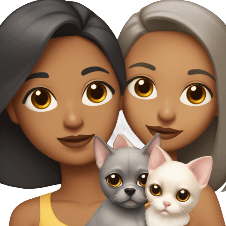 Latino women with black staight hair and brown eyes is holding a grey sphynx kitten and a ginger/ yellowish pomeranian dog emoji