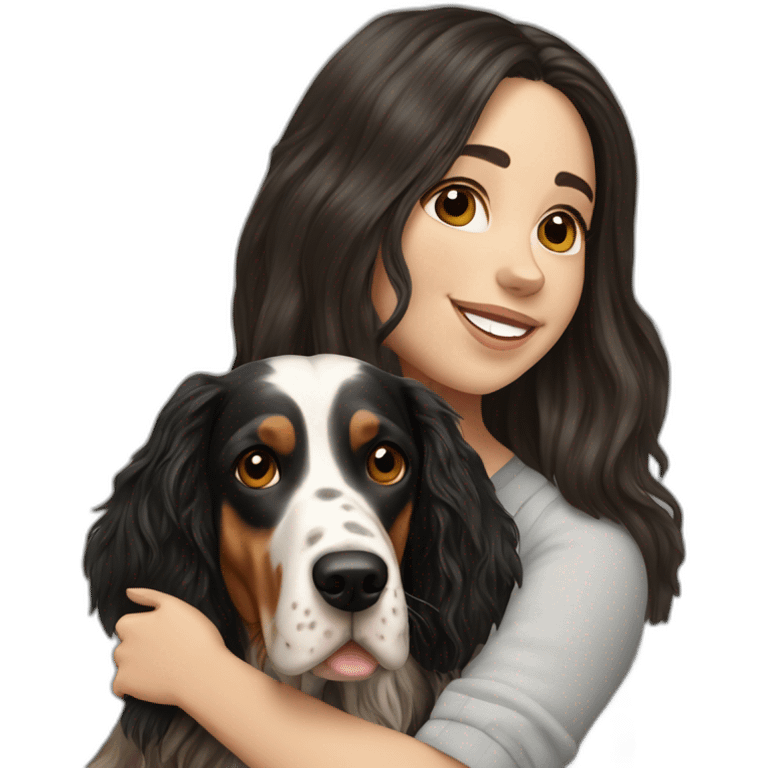 hyperrealist caucasian girl black long hair with brown english setter dog emoji