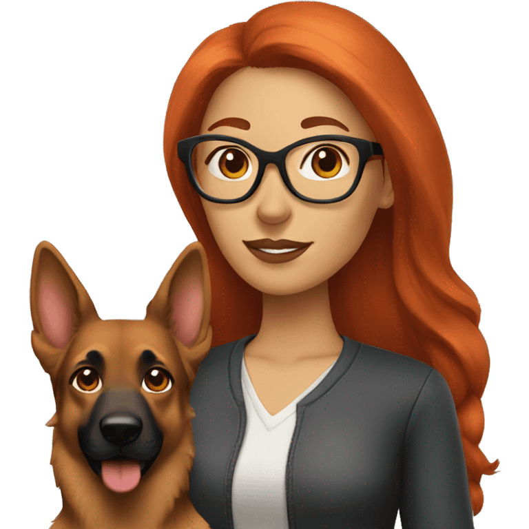 woman with long red hair wearing glasses with german shepherd dog emoji