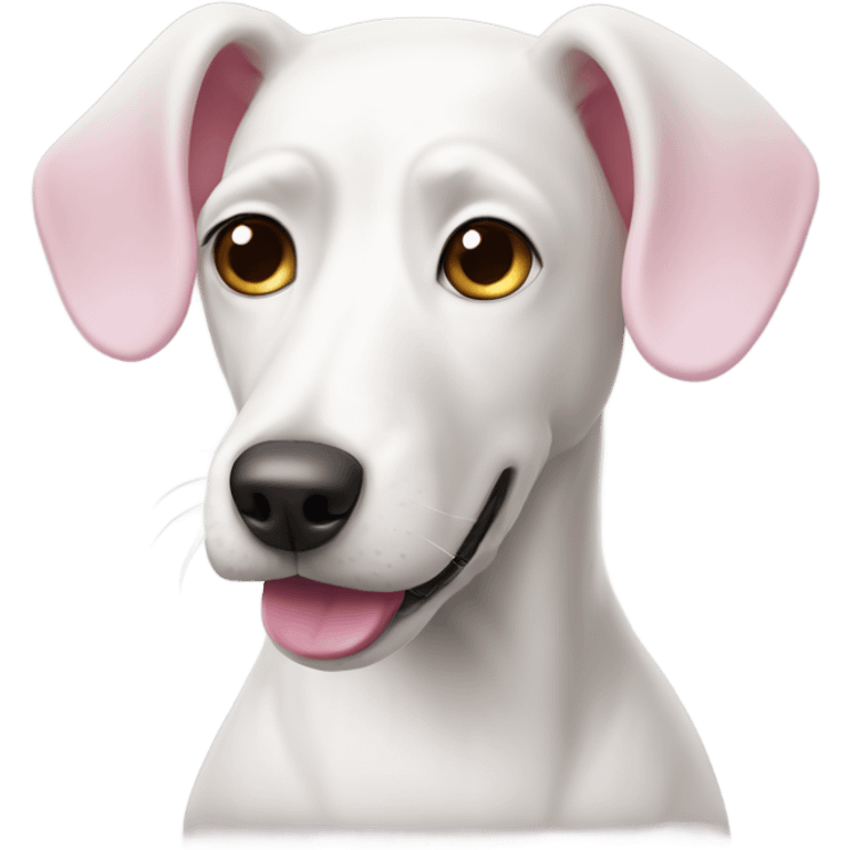 white dog with one ear up and the other ear down. long face and pink color emoji