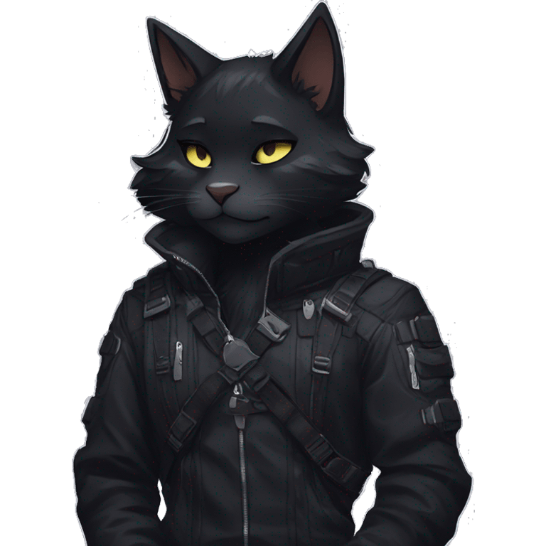 Gorgeous furry dark techwear anime style anthro black cat furry sona Fakémon aesthetic and pretty edgy black with collar and harness trending style emoji