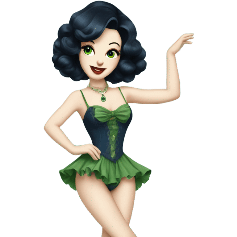 Burlesque dancer with black hair, pale skin, and green eyes in a dark blue vintage costume dancing emoji