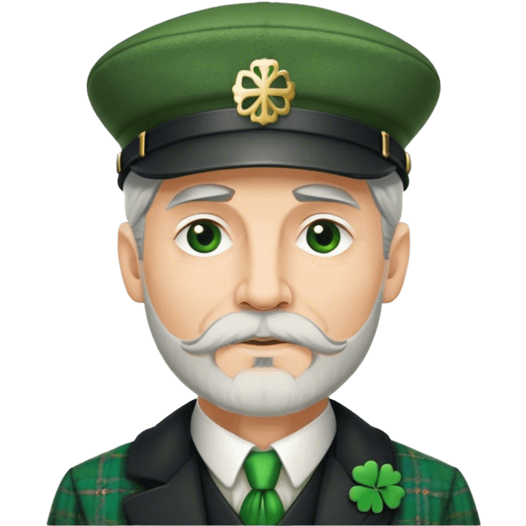 Tall grey haired man with goatee wearing a green peaky hat and kilt st. Patrick’s Day emoji