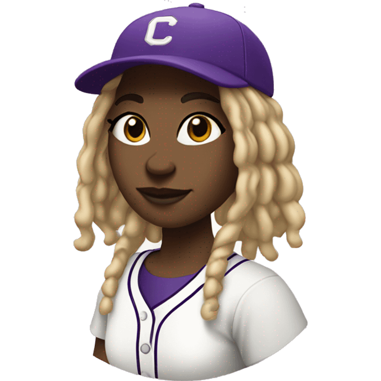 baseball card character. black girl. blonde locs. letter C logo. Purple and white uniform.  emoji