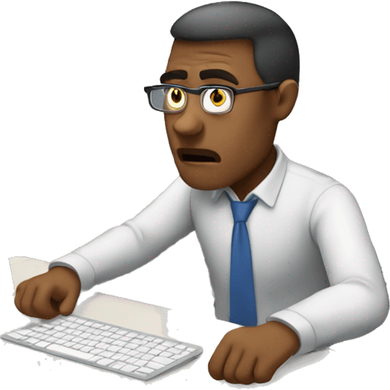 man sitting at desk, working at computer looking frustrated emoji