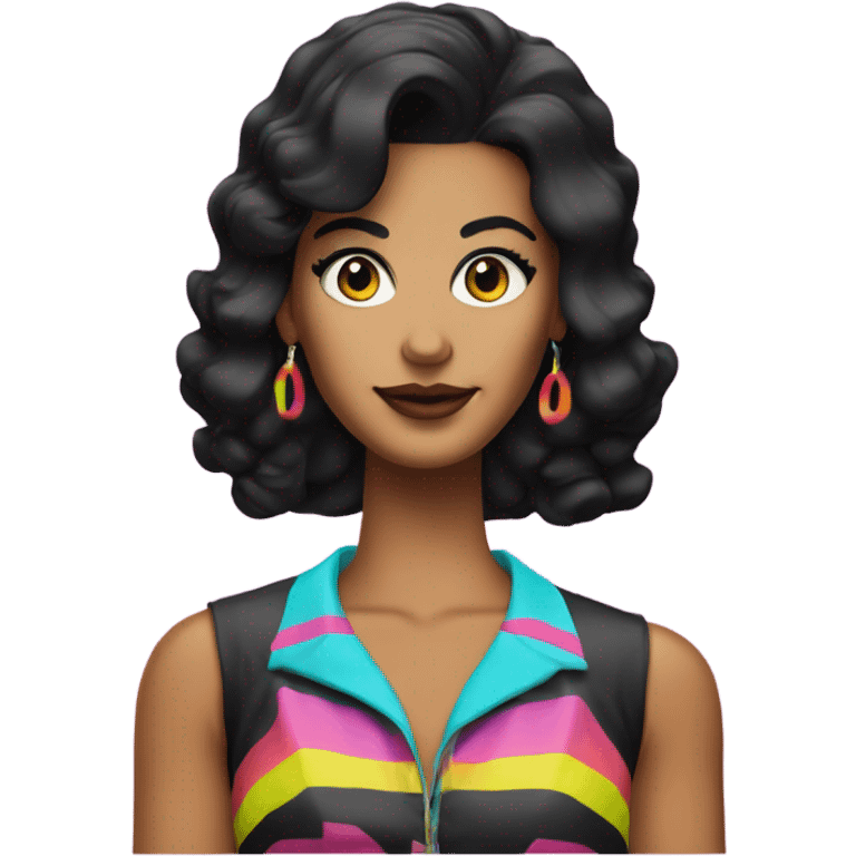 Tanned woman with black hair dressed in 1980s hair, makeup, and neon attire  emoji