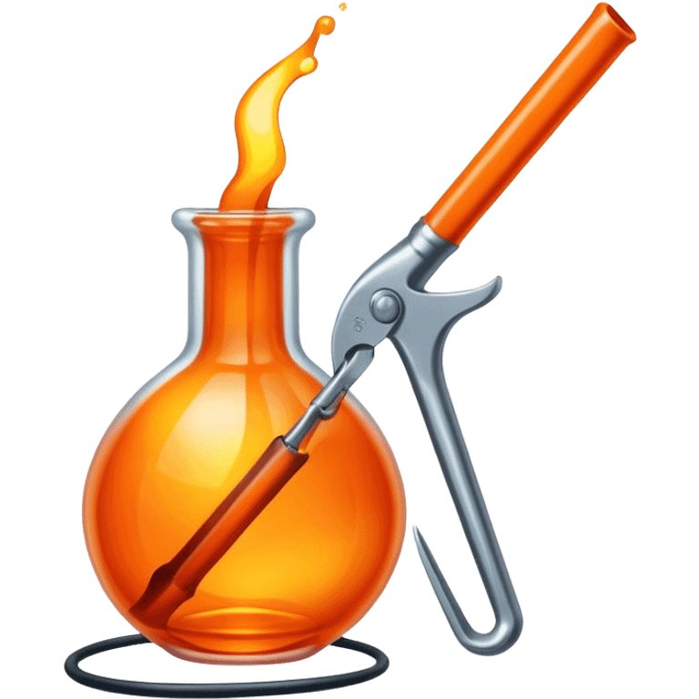 Glassworking icon, piece of glass being shaped, glassblower's pipe, molten glass, tools like glass cutters and pliers, glowing orange glass, minimalistic style, clean lines, transparent background. emoji