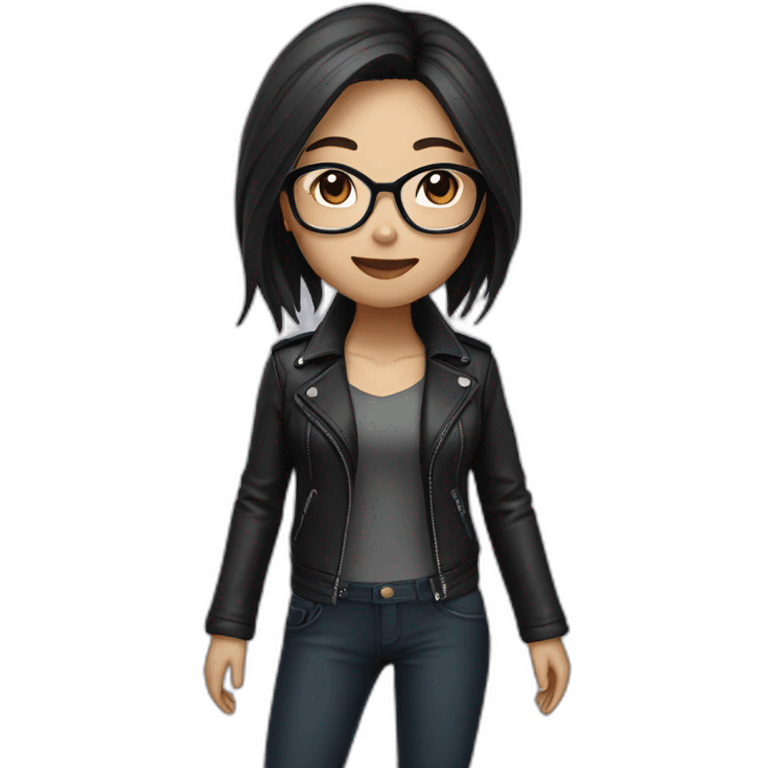 Asian girl in glasses and leather jacket whith dark long hair emoji