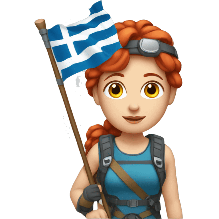 female winter mountaineer red hair holding greek flag and easter egg emoji