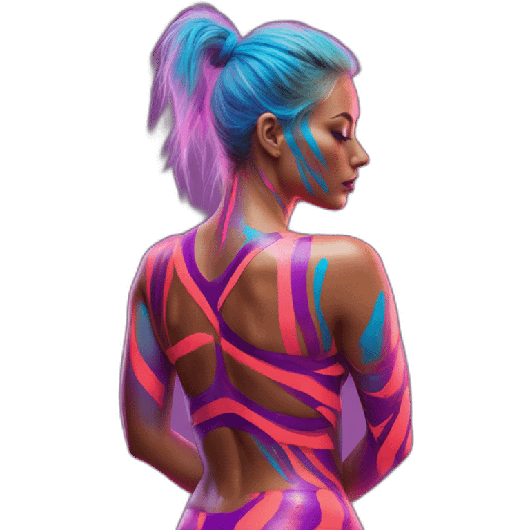 Hyper-realistic neon sign shows sultry fitness model in striped body paint from behind emoji