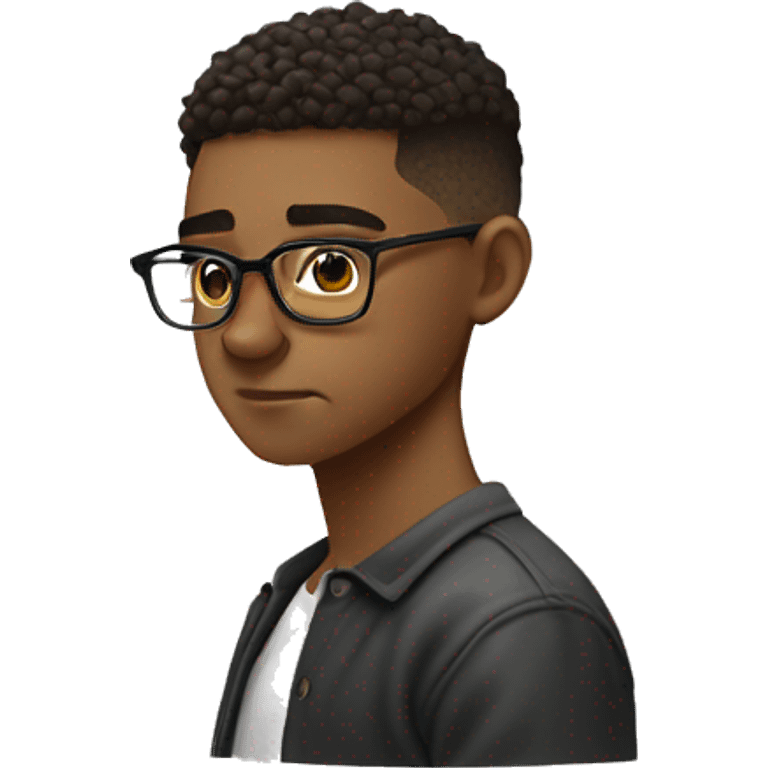 a kid with high taper fade mid hair, round glasses, looking down to his study boo emoji