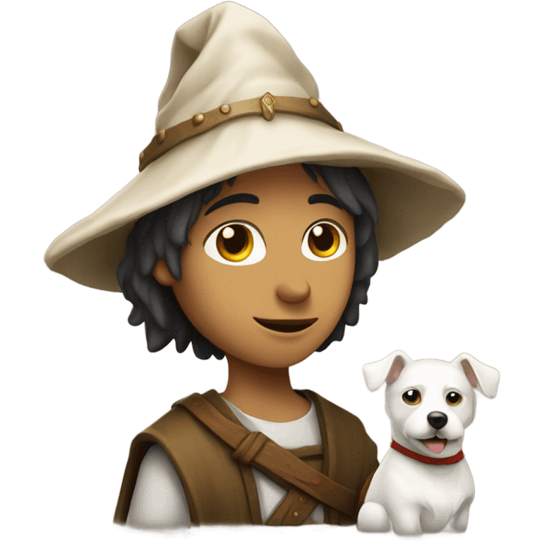 young medieval pilgrim with hat and white little dog emoji