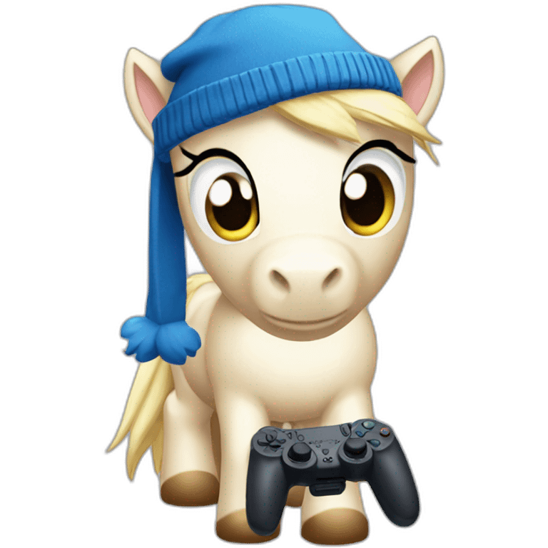 sad pony wearing a blue beanie and holding a ps5 controller emoji