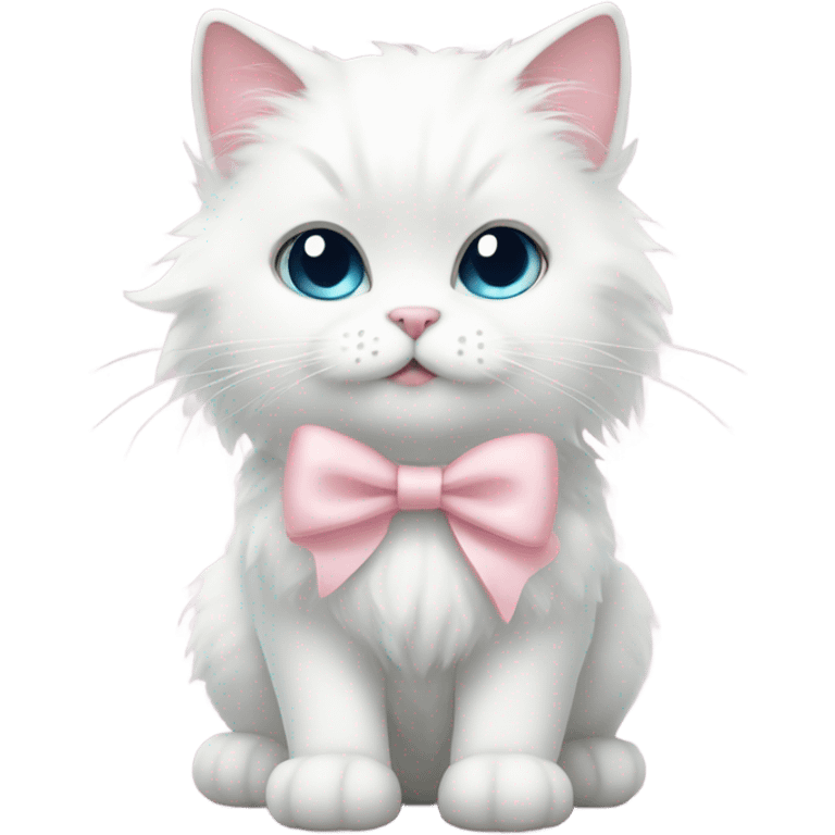 A fluffy white cat with adorable eyes and a light pink bow  emoji