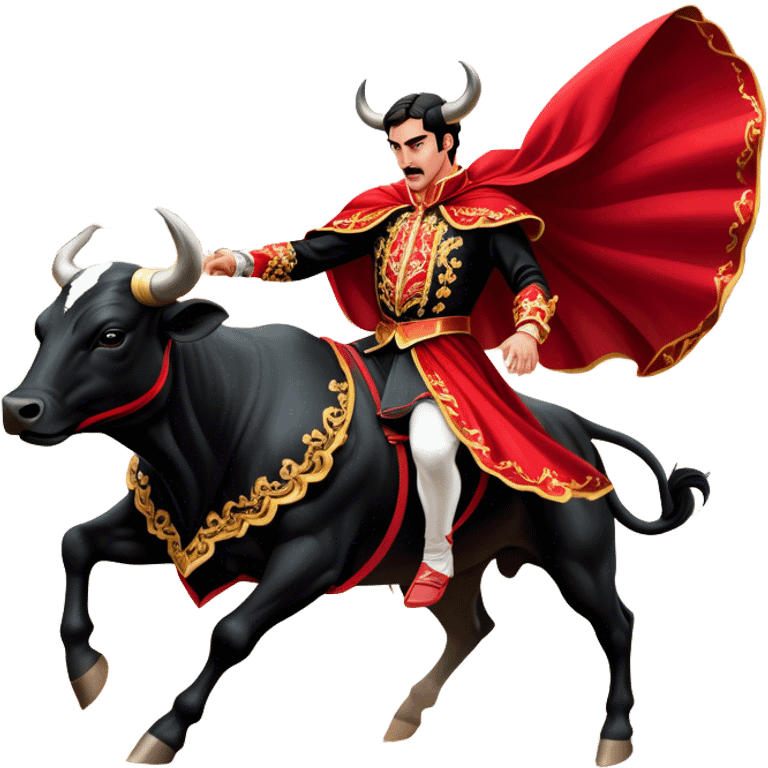 ​Cinematic Realistic Spanish Matador in Action, depicted in an ornate traje de luces with a flowing red cape, captured in the dramatic moment of confronting a charging bull in a traditional bullring, rendered with dynamic motion and dramatic lighting that encapsulates the intensity and artistry of the spectacle, emoji