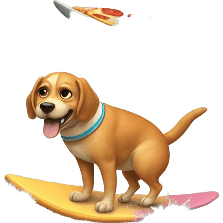 Dog riding a surfboard eating pizza emoji