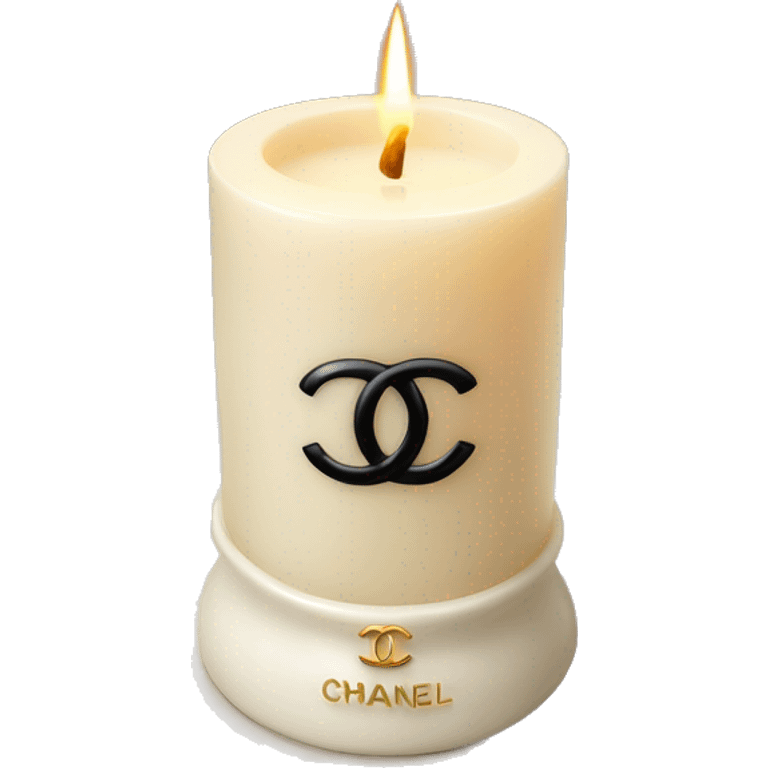 a vanilla candle in a small white candle holder with a chanel logo emoji