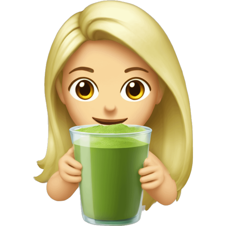 Chica rubia bebiendo matcha en vaso transparente emoji