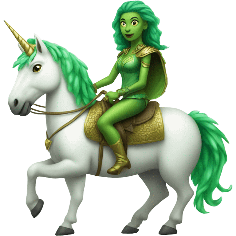 a green amazon alien woman on a four-legged white unicorn emoji