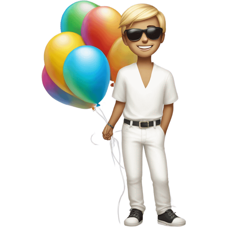 smiling boy in white with tinted sunglasses holding number balloons 25 emoji