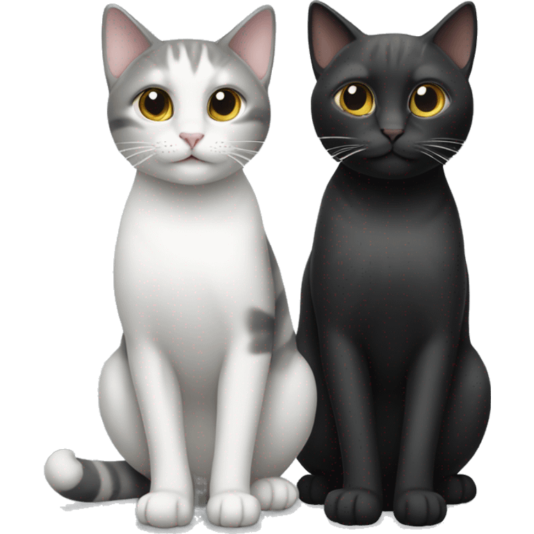 two cats: one that is grey and white, and one that is black emoji