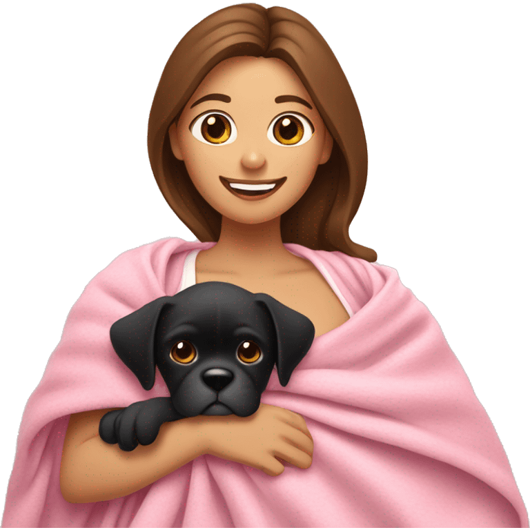 a woman with brown hair is cradling her puppy in a pink baby blanket. the puppy is a black boxer dog. the woman is smiling with mouth ajar. you can see the woman cradling the puppy like a baby from her waist up.  emoji