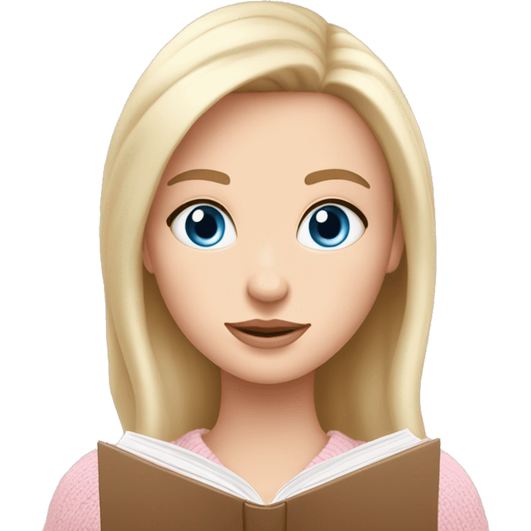 Pretty blue eyed white girl with light pink sweater reading cozy emoji