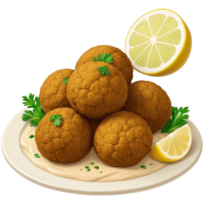 Cinematic Realistic Falafel Dish Emoji, depicted as crispy, golden falafel balls served with tahini sauce rendered with lifelike textures and vibrant, appetizing lighting. emoji