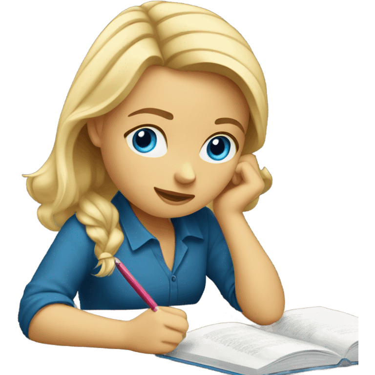 blond girl blue eyes studying on a table emoji