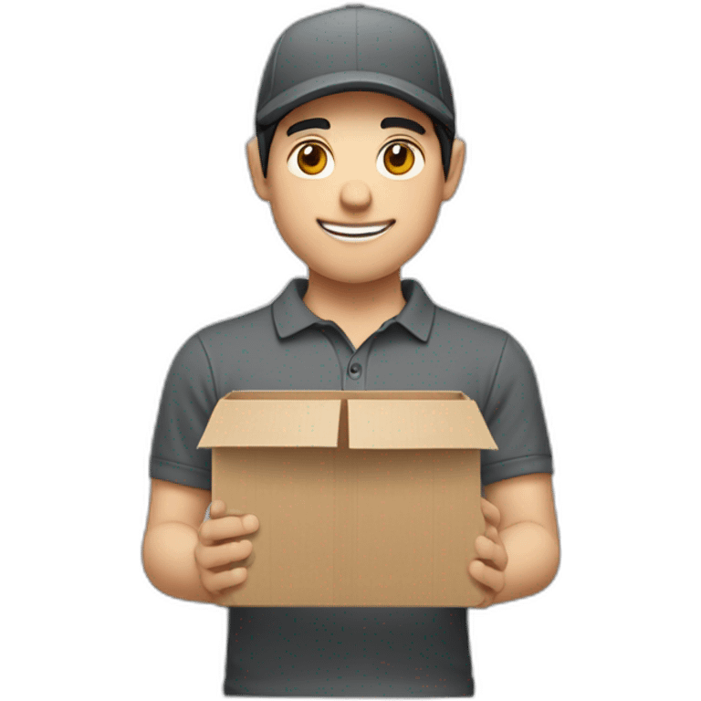 Pale skinned Man with black hair in a gray cap and dark gray polo T-shirt keeping a box into his hands emoji