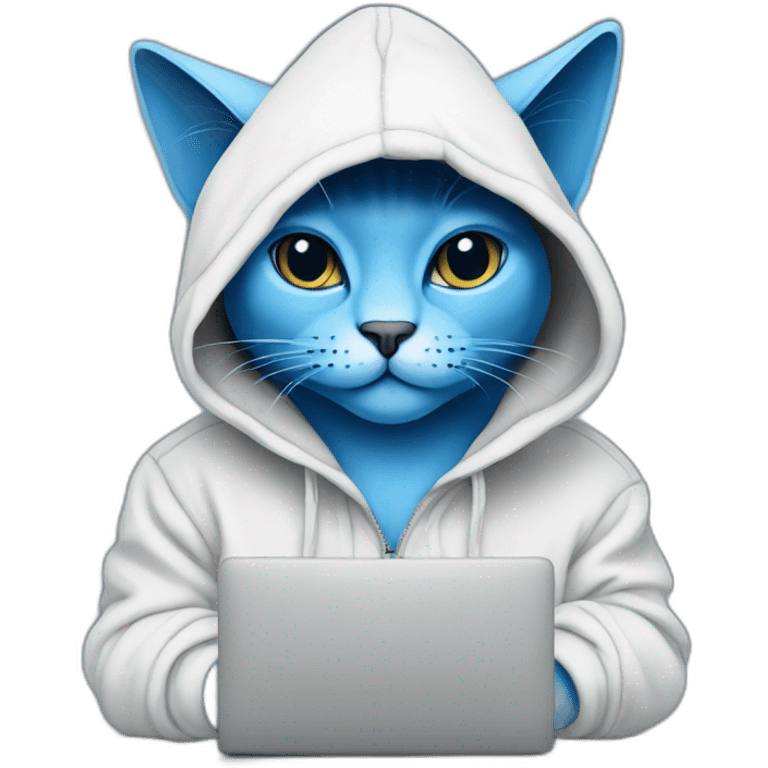 Blue cat in a hoodie hacks system in laptop  emoji