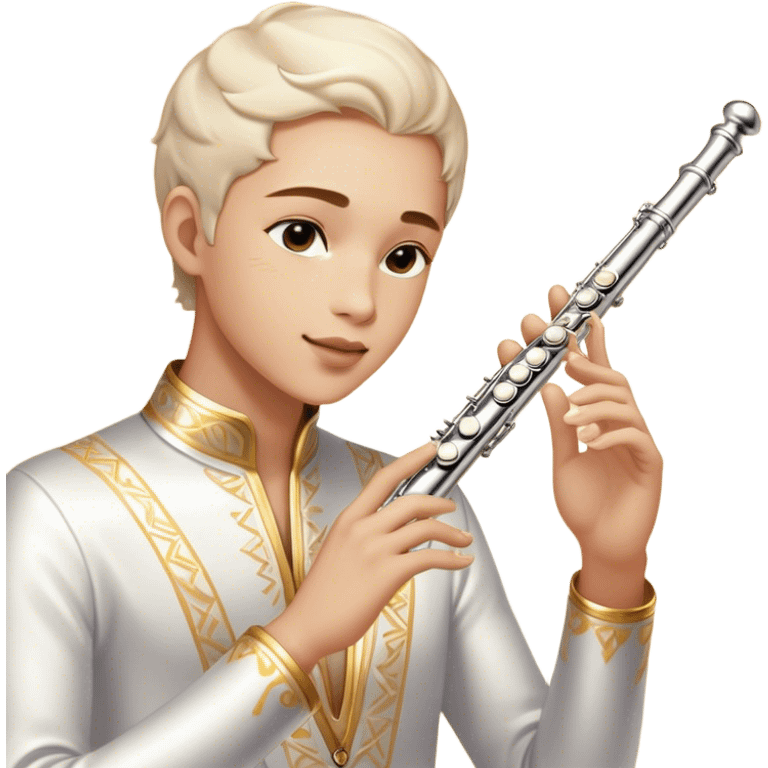 Cinematic Realistic Flute, polished silver metal with precise keywork, warm golden reflections dancing along its surface, soft hands carefully positioned over the keys, glowing with an elegant and airy charm. emoji