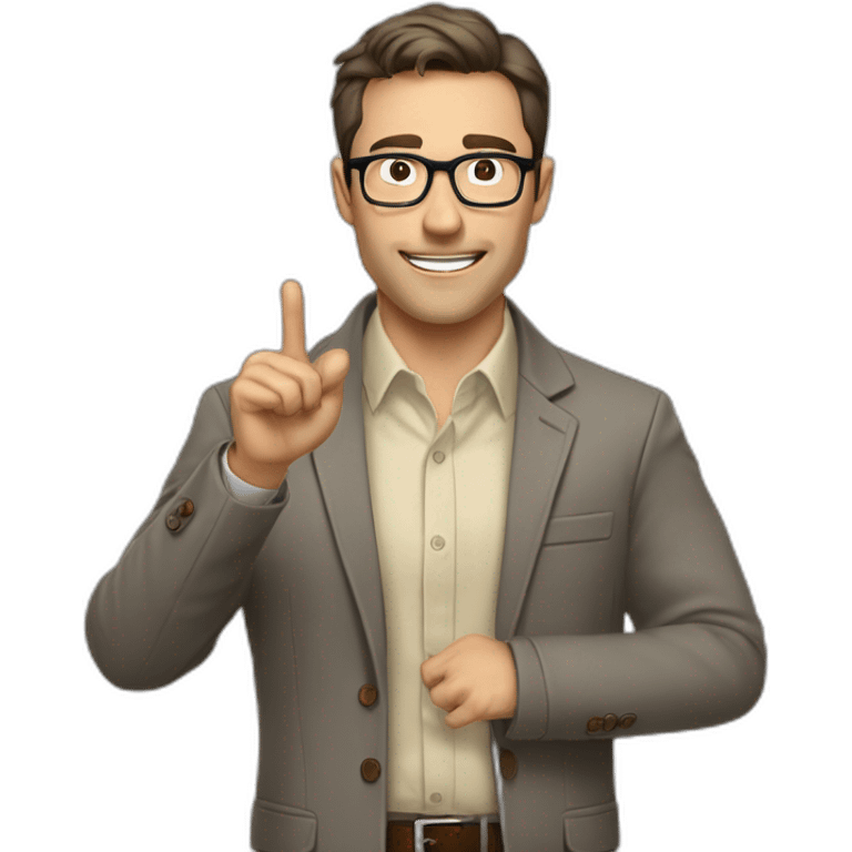 To belt Actively gesturing with hands Pale skinned fit man with dark brown hair in gray jacket, beige office shirt, brown tie, brown pants and vintage glasses. emoji