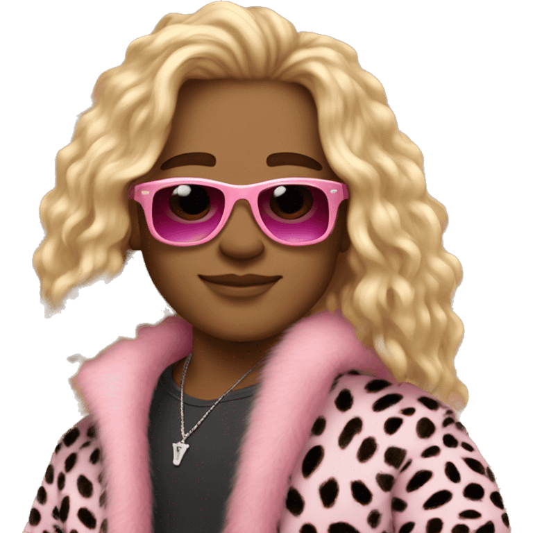 1boy, wild blonde long hair, cheetah print fluffy coat, pink sunglasses, tan skin emoji