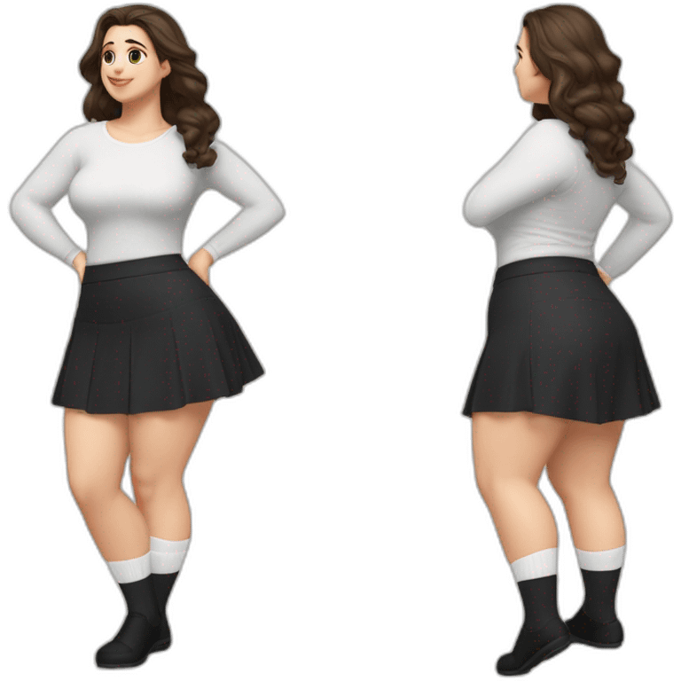 full-body-caucasian-curvy-beauty-кланяется-short-black-skirt-back-and-front-views-strong-wind-knickers-long-white-socks emoji