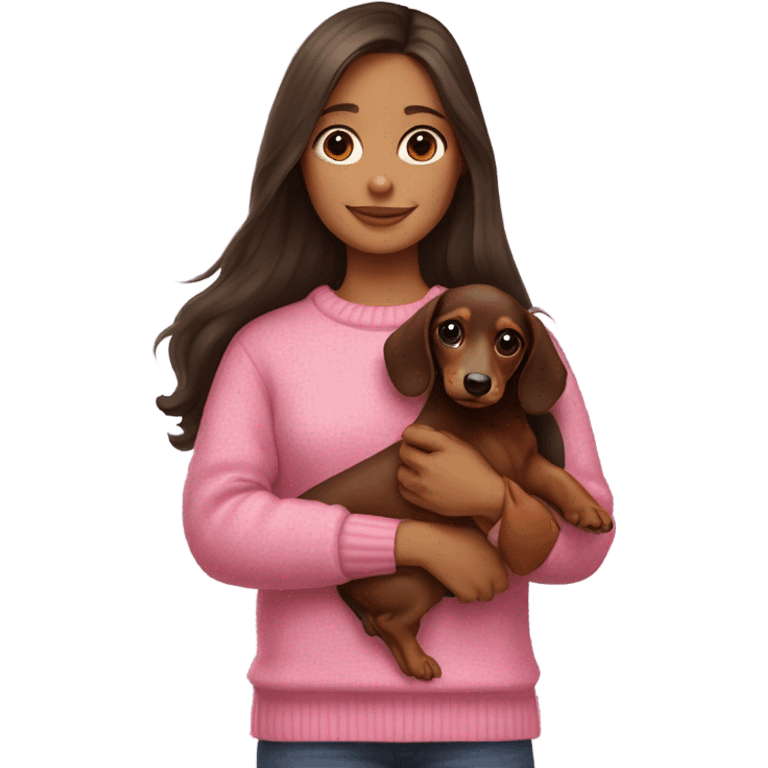 Brunette girl with long hair in a pink sweater holds a dachshund long haired puppy in her arms emoji