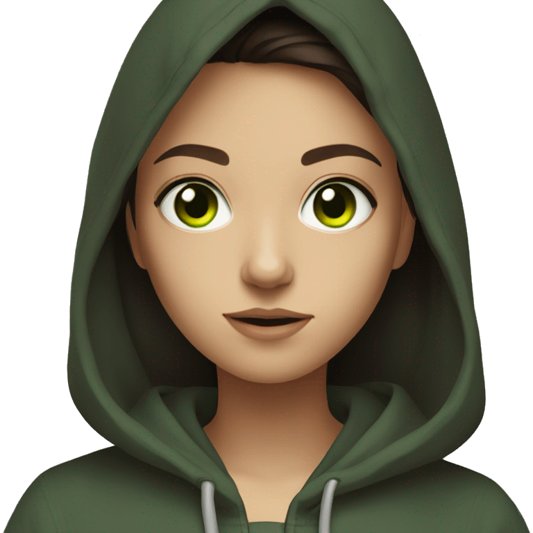 selfie of a girl in hoodie dark brown hair and green eyes emoji