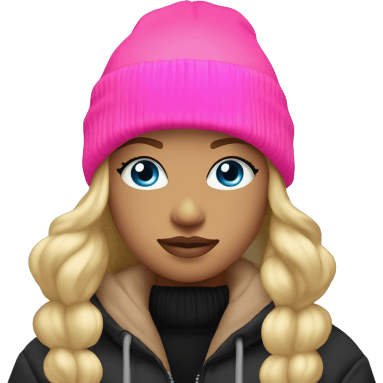 Blond girl blue eyes black hoodie brown puffer jacket neon pink nitted beanie  emoji