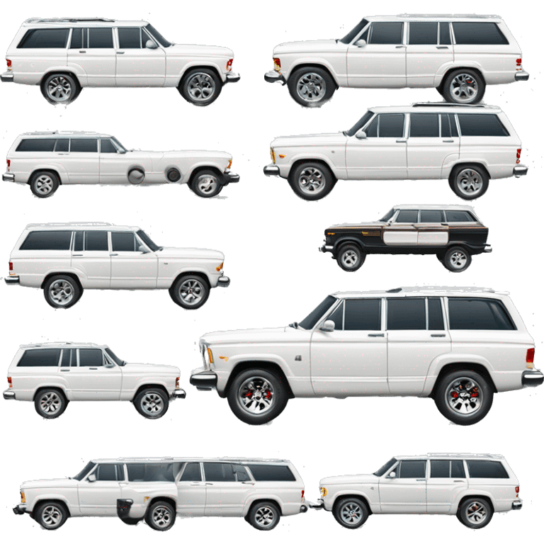 modern white Jeep Wagoneer SUV, sleek design, iconic seven-slot grille, large wheels, and smooth body curves sport car emoji