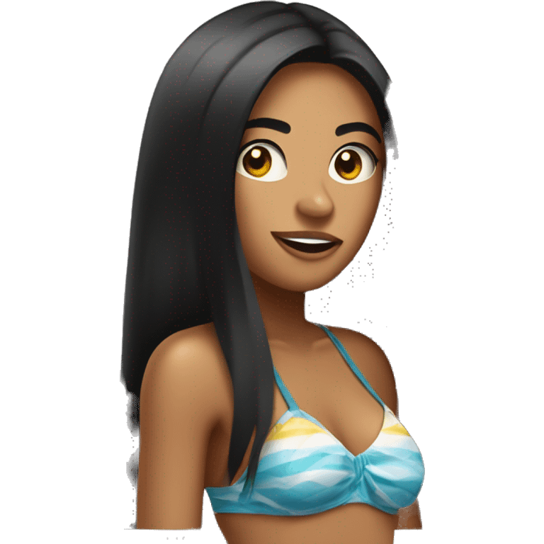 Young brazilian tan woman with black straight long hair wearing a bikini top sticking her tongue out  emoji