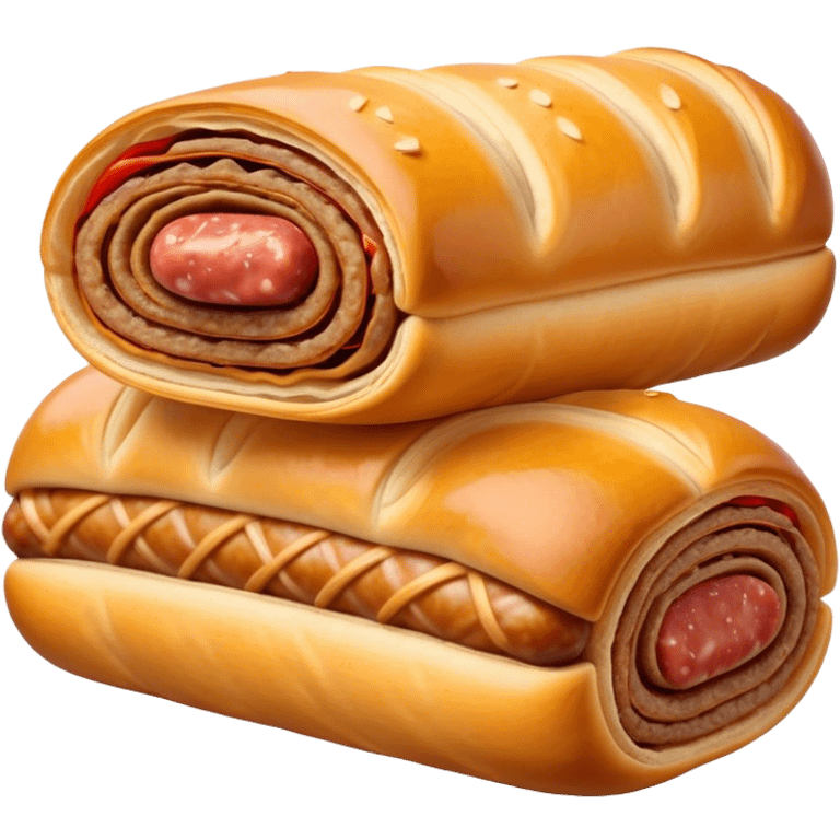 Cinematic Realistic Sausage Roll Dish Emoji, depicted with a crisp, golden pastry wrapped around flavorful sausage, rendered with detailed textures and appetizing lighting. emoji