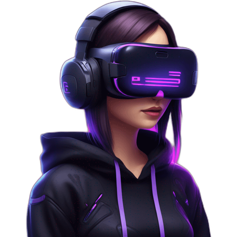 Russian girl wearing black hoody with violet letters "OMG", in vr headset. Cyberpunk style. Violet neon. emoji