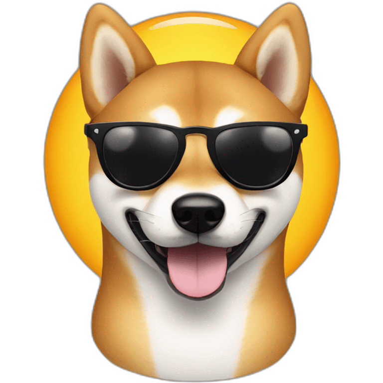 A shiba dog wearing black sun glasses with black lenses and smiling emoji