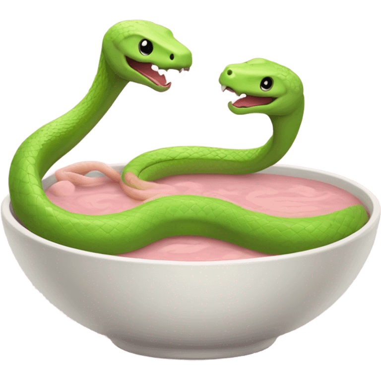 one light pink snake and one lime green snake sharing a bowl of soup in love emoji