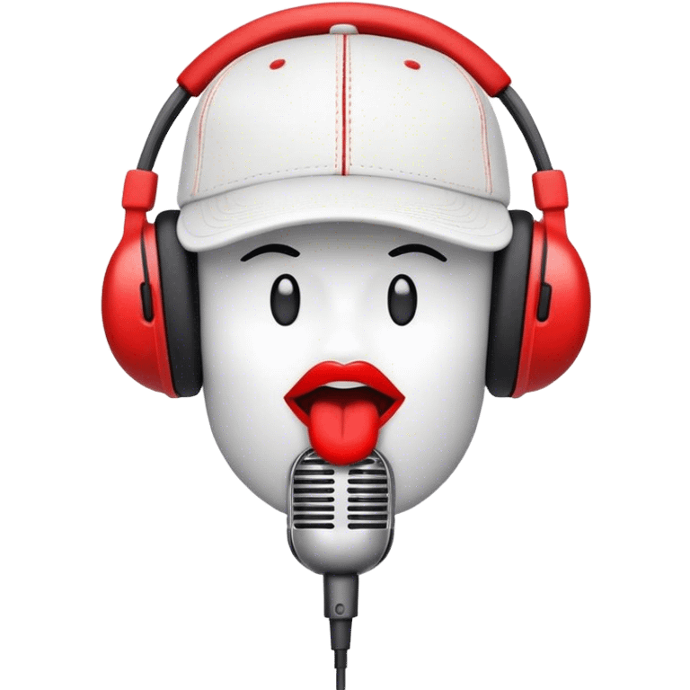 Create a dynamic and energetic emoji that represents beatboxing. The design should feature a stylized microphone with lips and baseball cap on it, sound waves emanating from it , symbolizing vocal percussion and rhythm. Add elements like headphones or a subtle speaker to emphasize the music production aspect. Use bold colors like black, white, and red to convey the intensity and creativity of beatboxing. The background should be transparent. emoji