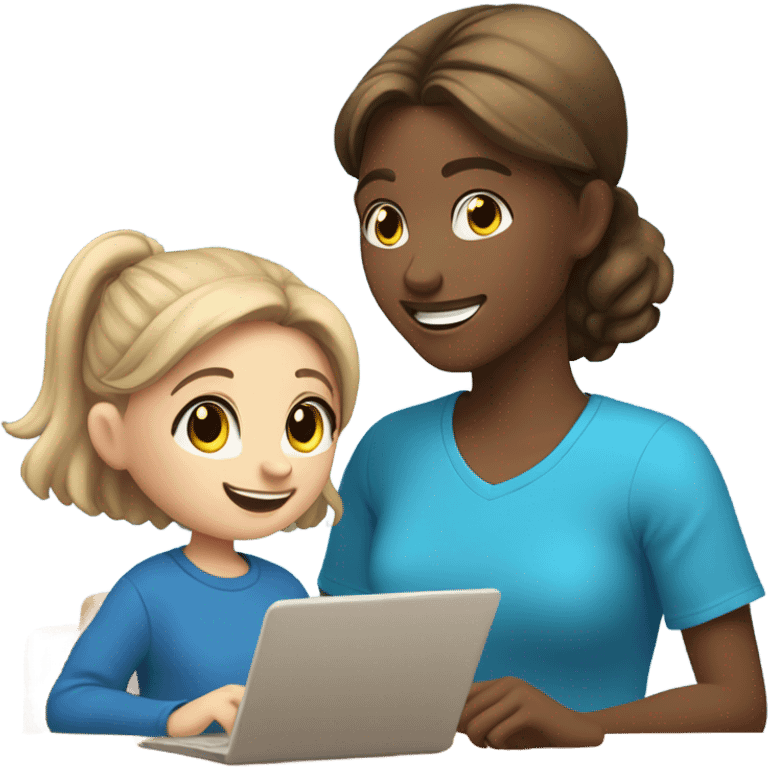 One Little Girl, white skin, bronze hair, smile, tutor, bright blue t shirt, icon  emoji